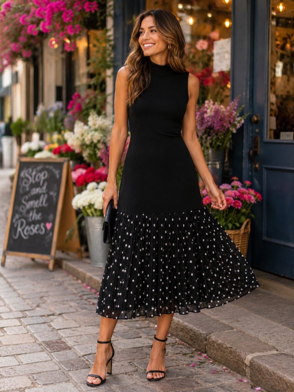 7 For All Mankind Black Mock Neck Sleeveless Midi Dress Polka Dot Size 6